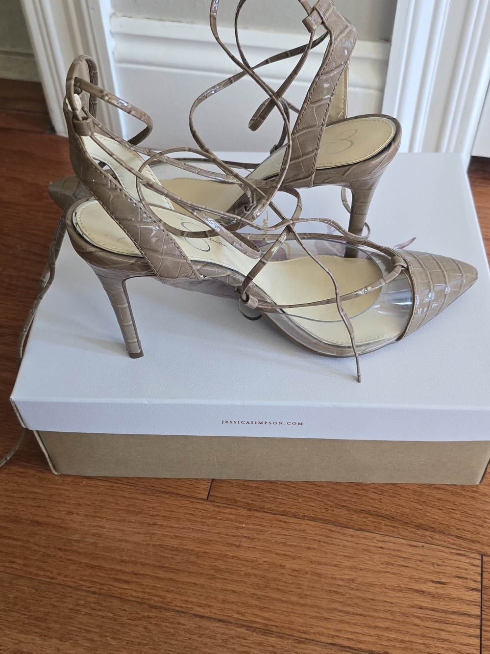 Jessica Simpson Taupe Croc-Embossed Lace-Up Pointed Heels